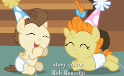 Size: 528x324 | Tagged: safe, screencap, pound cake, pumpkin cake, baby cakes, g4, baby, baby pony, cake twins, colt, cute, daaaaaaaaaaaw, diaper, diapered, diapered colt, diapered filly, diapered foals, eyes closed, female, filly, giggling happily, happy, hat, male, one month old colt, one month old filly, one month old foals, opening credits, party hats, prone, sitting, smiling, white diapers