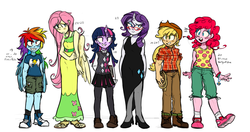 Size: 1024x540 | Tagged: safe, artist:xenon, applejack, fluttershy, pinkie pie, rainbow dash, rarity, twilight sparkle, human, g4, clothes, converse, dress, glasses, horn, horned humanization, humanized, mane six, pony coloring, shoes, winged humanization