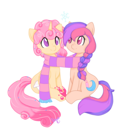 Size: 1800x1800 | Tagged: safe, artist:ashourii, oc, oc only, oc:cuppy cake, oc:surf tide, alicorn, earth pony, pony, alicorn oc, clothes, scarf, shared clothing, shared scarf, simple background, transparent background