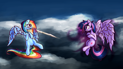 Size: 1920x1080 | Tagged: safe, artist:shovrike, rainbow dash, twilight sparkle, alicorn, pony, g4, female, mare, sword, twilight sparkle (alicorn)