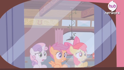 Size: 1135x643 | Tagged: safe, screencap, apple bloom, scootaloo, sweetie belle, g4, twilight time, cutie mark crusaders, hub logo, reaction image