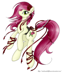 Size: 4243x4980 | Tagged: safe, artist:malwinahalfmoon, roseluck, g4, absurd resolution, alternate hairstyle, clothes, corset, earring, female, ribbon, solo