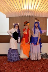 Size: 1024x1546 | Tagged: artist needed, safe, artist:z-is-eternal, applejack, rarity, twilight sparkle, human, g4, 2013, clothes, convention, cosplay, dress, hat, irl, irl human, photo, steampunk, youmacon, youmacon 2013