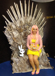 Size: 1024x1416 | Tagged: safe, artist:verygood91, angel bunny, fluttershy, human, parasprite, g4, clothes, cosplay, game of thrones, irl, irl human, iron throne, photo, sitting, sweater, sweatershy