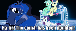 Size: 998x416 | Tagged: safe, bon bon, lyra heartstrings, princess luna, rarity, sweetie drops, earth pony, pony, g4, belly, caption, dialogue, double decker couch, image macro, lego, meme, reference, sitting, speech, talking, text, the fun has been doubled, the lego movie, warner brothers, wholesome