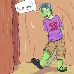 Size: 1280x1280 | Tagged: safe, artist:fuzebox, oc, oc only, oc:snort, dragon, anthro, plantigrade anthro, anthro oc, clothes, male, sandals, shirt, shorts, solo, speech bubble, t-shirt, teenaged dragon