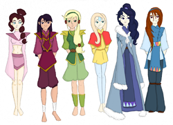 Size: 1024x742 | Tagged: safe, artist:thehappybucket, applejack, fluttershy, pinkie pie, rainbow dash, rarity, twilight sparkle, human, g4, avatar the last airbender, clothes, dress, humanized, light skin, the legend of korra, traditional art