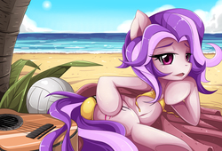 Size: 1300x885 | Tagged: safe, artist:jinzhan, oc, oc only, oc:emi, earth pony, pony, beach, beach ball, belly, belly button, bikini, butt, clothes, commission, female, guitar, lying down, mare, on side, plot, solo, swimsuit, underhoof, volleyball