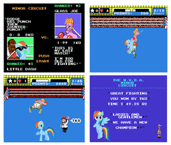 Size: 1035x879 | Tagged: safe, artist:drpain, rainbow dash, g4, boxing, boxing gloves, boxing ring, glass joe, male, mario, nintendo, nintendo entertainment system, punch-out!!, referee, super mario bros., video game