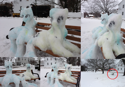 Size: 3524x2448 | Tagged: safe, artist:golemgeekery, bon bon, lyra heartstrings, sweetie drops, earth pony, pony, unicorn, g4, bench, irl, meme, photo, prone, sculpture, sitting, sitting lyra, snow