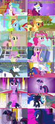 Size: 2560x5760 | Tagged: safe, artist:titanium dragon, screencap, applejack, fluttershy, pinkie pie, princess cadance, princess celestia, princess luna, rainbow dash, rarity, shining armor, spike, twilight sparkle, g4, the crystal empire, image macro, meme, outlive, screencap comic, the hero's journey