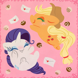 Size: 600x600 | Tagged: safe, artist:anzicorn, applejack, rarity, earth pony, pony, unicorn, g4, abstract background, chibi, cowboy hat, cute, duo, eyes closed, female, hat, jackabetes, lesbian, letter, love letter, mail, mare, pastries, raribetes, ship:rarijack, shipping