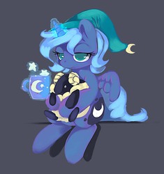 Size: 746x794 | Tagged: safe, artist:ende26, princess luna, alicorn, pony, sheep, g4, animal, cute, female, filly, foal, hat, mug, nightcap, plushie, sitting, solo, woona