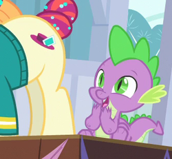 Size: 333x308 | Tagged: safe, screencap, spike, torch song, dragon, pony, filli vanilli, g4, cougar, cropped, eyes on the prize, female, looking at butt, male, mare, out of context