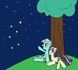 Size: 900x801 | Tagged: safe, artist:haxorus31, bon bon, lyra heartstrings, sweetie drops, g4, night, stars, tree