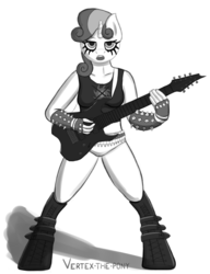 Size: 1921x2500 | Tagged: safe, artist:vertex-the-pony, sweetie belle, anthro, g4, black metal, boots, breasts, bullet belt, corpse paint, electric guitar, female, guitar, metal, metal belle, monochrome, musical instrument, simple background, solo, spiked wristband, white background, wristband
