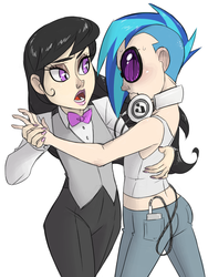 Size: 1200x1600 | Tagged: safe, artist:thelivingmachine02, dj pon-3, octavia melody, vinyl scratch, human, g4, bowtie, clothes, dancing, glasses, headphones, humanized, jeans, light skin, looking at each other, mp3 player, nail polish, open mouth, pants, simple background, sweat, undercut, vest, white background