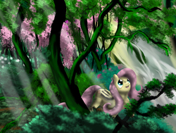 Size: 900x680 | Tagged: safe, artist:bluehedgedarkattack, fluttershy, g4, female, forest, scenery, solo