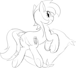 Size: 1280x1148 | Tagged: safe, artist:mcsadat, lyra heartstrings, g4, butt, female, grayscale, looking at you, looking back, monochrome, pillow, plot, prone, simple background, smiling, solo, underhoof