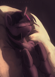 Size: 642x907 | Tagged: safe, artist:grissaecrim, twilight sparkle, semi-anthro, g4, dark, eyes closed, female, on back, sleeping, solo