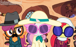 Size: 612x380 | Tagged: safe, screencap, apple bloom, scootaloo, sweetie belle, g4, twilight time, clothes, costume, cutie mark crusaders, disguise, hat, moustache, parody, sunglasses