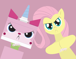 Size: 6600x5100 | Tagged: safe, artist:inspectornills, fluttershy, pony, g4, absurd resolution, angry, crossover, dialogue, duo, lego, looking at you, mean, pink background, simple background, the lego movie, unikitty