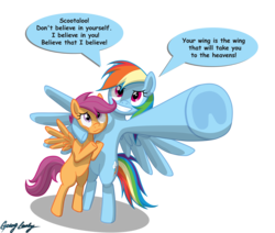 Size: 2711x2304 | Tagged: safe, artist:le-23, rainbow dash, scootaloo, pony, g4, bipedal, crossover, tengen toppa gurren lagann, underhoof