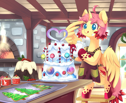 Size: 950x770 | Tagged: safe, artist:ende26, oc, oc only, oc:cheesy cake, alicorn, pony, alicorn oc, bipedal, cake, christmas, christmas tree, clothes, cookie, food, frosting, solo