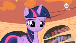 Size: 610x344 | Tagged: safe, screencap, twilight sparkle, alicorn, pony, g4, twilight time, female, hub logo, lidded eyes, mare, solo, twilight sparkle (alicorn)