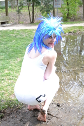 Size: 3072x4608 | Tagged: safe, artist:everage, artist:shelle-chii, dj pon-3, vinyl scratch, human, g4, barefoot, cosplay, dirt, dirty, dirty feet, feet, irl, irl human, looking at you, looking back, mud, muddy, photo, smiling, solo, squatting