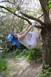 Size: 3072x4608 | Tagged: safe, artist:everage, artist:shelle-chii, dj pon-3, vinyl scratch, human, g4, barefoot, cosplay, feet, hanging, irl, irl human, photo, solo, upside down