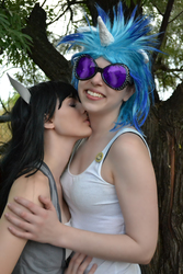 Size: 3072x4608 | Tagged: safe, artist:frinda-frisk, artist:shelle-chii, dj pon-3, octavia melody, vinyl scratch, human, g4, cosplay, female, irl, irl human, kissing, lesbian, photo, ship:scratchtavia, shipping