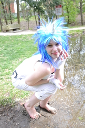 Size: 3072x4608 | Tagged: safe, artist:everage, artist:shelle-chii, dj pon-3, vinyl scratch, human, g4, barefoot, cosplay, feet, irl, irl human, mud, muddy, photo, smiling, solo, squatting