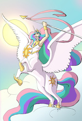 Size: 1280x1897 | Tagged: safe, artist:pigbat, princess celestia, centaur, g4, centaurlestia, cloud, female, shield, solo, spear, warrior celestia, weapon