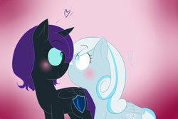 Size: 1338x895 | Tagged: safe, artist:skullbow09, oc, oc only, oc:nyx, oc:snowdrop, alicorn, pony, alicorn oc, blushing, boop, duo, exclamation point, eye contact, female, heart, looking at each other, looking back, nose wrinkle, noseboop, oc x oc, shipping, smiling, snownyx, wide eyes