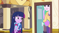 Size: 1901x1070 | Tagged: safe, artist:dtkraus, edit, edited screencap, screencap, princess celestia, principal celestia, twilight sparkle, equestria girls, g4, my little pony equestria girls, amazon, size difference, tall, tallestia, wat