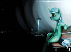 Size: 2546x1886 | Tagged: safe, artist:sharpieboss, lyra heartstrings, g4, belly button, bench, female, lamppost, night, sitting, solo