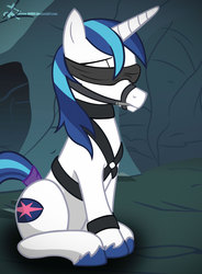 Size: 2197x2990 | Tagged: safe, artist:dripponi, shining armor, pony, unicorn, g4, bit gag, blindfold, bondage, bound, bridle, cave, cute, gag, harness, male, malesub, rubber, solo, stallion, submissive, tack, tail wrap