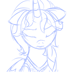 Size: 800x800 | Tagged: safe, artist:fuutachimaru, alicorn, pony, elsa, eyes closed, frozen (movie), monochrome, portrait, sad, sketch, solo, wip