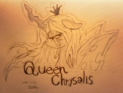 Size: 1024x775 | Tagged: safe, artist:doubt, queen chrysalis, changeling, changeling queen, g4, female, grayscale, monochrome, solo