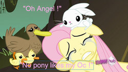 Size: 720x405 | Tagged: safe, edit, edited screencap, screencap, angel bunny, fluttershy, duck, g4, crying, dialogue, female, hub logo, image macro, pink text