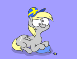 Size: 700x533 | Tagged: safe, artist:peanutbutter, derpy hooves, pegasus, pony, g4, cap, derp, female, hat, ikea, mare, pillow, prone, shadow, solo, swedish