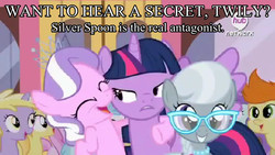 Size: 640x360 | Tagged: safe, artist:themasterofdespair, screencap, cotton cloudy, diamond tiara, dinky hooves, gallop j. fry, liza doolots, noi, petunia, piña colada, silver spoon, tootsie flute, twilight sparkle, alicorn, pony, g4, twilight time, female, mare, secret, stare into your soul, twilight sparkle (alicorn)