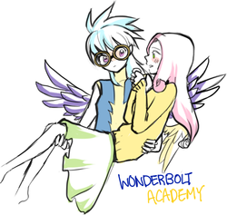 Size: 526x498 | Tagged: safe, artist:ujey02, cloudchaser, fluttershy, human, g4, wonderbolts academy, blushing, bridal carry, carrying, clothes, cloudshy, female, goggles, humanized, light skin, scene interpretation, simple background, skirt, sweater, sweatershy, white background, winged humanization, wings