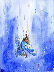 Size: 1569x2087 | Tagged: safe, artist:frostykat13, rainbow dash, pegasus, pony, g4, eyes closed, falling, female, solo, traditional art, watercolor painting