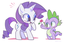 Size: 1034x683 | Tagged: safe, artist:gekiamana, rarity, spike, dragon, pony, unicorn, g4, baby, baby dragon, blushing, crush, curly hair, curly mane, cute, cutie mark, fangs, female, flower, green eyes, horn, male, mare, raribetes, shadow, ship:sparity, shipping, simple background, spikabetes, straight, white background
