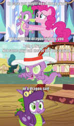 Size: 1280x2160 | Tagged: safe, edit, edited screencap, screencap, pinkie pie, spike, dragon, earth pony, pony, g4, luna eclipsed, secret of my excess, the crystal empire, comic, dragon costume, dragon slayer, dragonception, female, lyrics, male, mare, ninja sex party, screencap comic, song reference