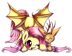 Size: 900x697 | Tagged: safe, artist:inky-pinkie, fluttershy, bat pony, jackalope, pony, g4, cute, eyes closed, female, flutterbat, heart eyes, one eye closed, open mouth, race swap, shyabates, shyabetes, simple background, smiling, spread wings, transparent background, wingding eyes, wings