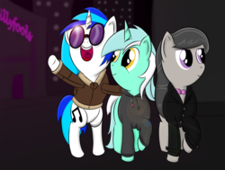 Size: 1325x1000 | Tagged: safe, artist:abaddon41, dj pon-3, lyra heartstrings, octavia melody, vinyl scratch, g4, clothes