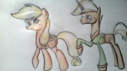 Size: 962x540 | Tagged: safe, artist:uunicornicc, applejack, trenderhoof, g4, female, flirting, male, straight, trenderjack